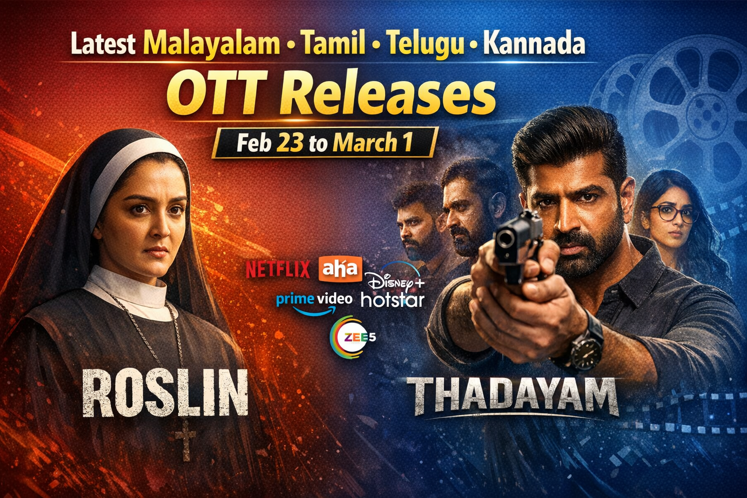 Latest Malayalam Tamil Telugu Kannada OTT Releases Feb 23 to March 1 Roslin to Thadayam